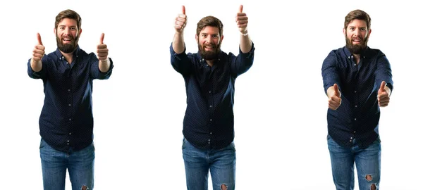 Jovem Com Barba Ficar Feliz Positivo Com Polegares Para Cima — Fotografia de Stock