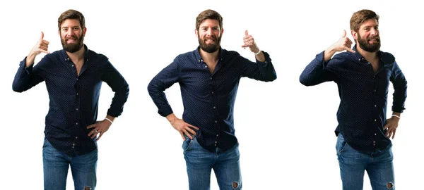 Young Man Beard Happy Excited Making Showing Call Gesture Hand — Stock Photo, Image