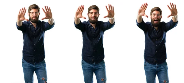 Young Man Beard Confident Happy Showing Hands Camera Composing Framing — Stock Photo, Image