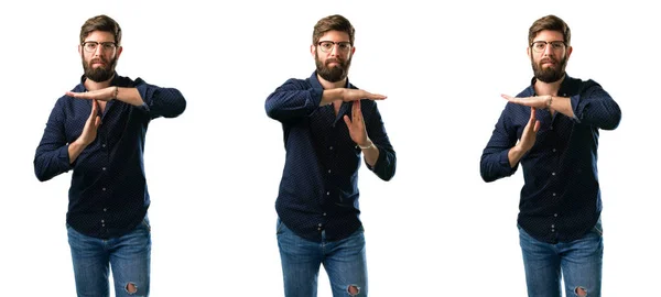 Young Man Beard Serious Making Time Out Gesture Hands Isolated — Stock Photo, Image