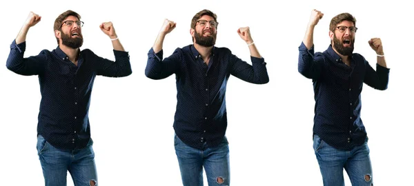 Young Man Beard Happy Excited Celebrating Victory Expressing Big Success — Stock Photo, Image