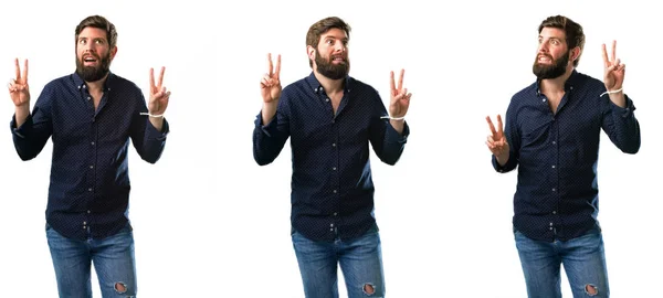 Young Man Beard Happy Excited Expressing Winning Gesture Successful Celebrating — Stock Photo, Image