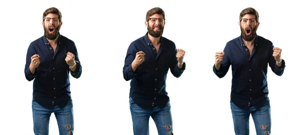 Jovem Com Barba Feliz Animado Celebrando Vitória Expressando Grande Sucesso — Fotografia de Stock