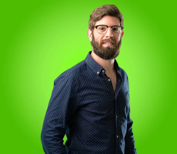 Giovane Hipster Uomo Con Grande Barba Fiducioso Felice Con Grande — Foto Stock