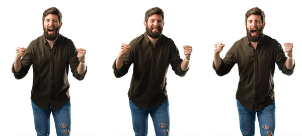 Jovem Com Barba Feliz Animado Celebrando Vitória Expressando Grande Sucesso — Fotografia de Stock