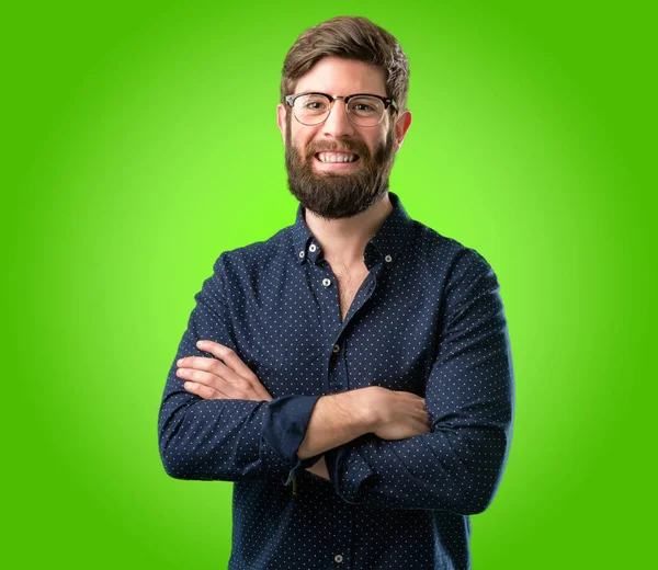 Young Hipster Man Big Beard Crossed Arms Confident Happy Big — Stock Photo, Image
