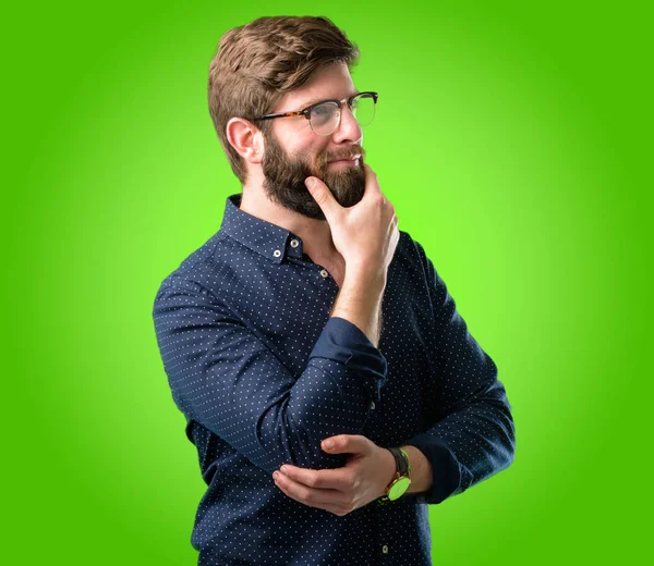 Young Hipster Man Big Beard Thinking Thoughtful Smart Face Green — Stock Photo, Image