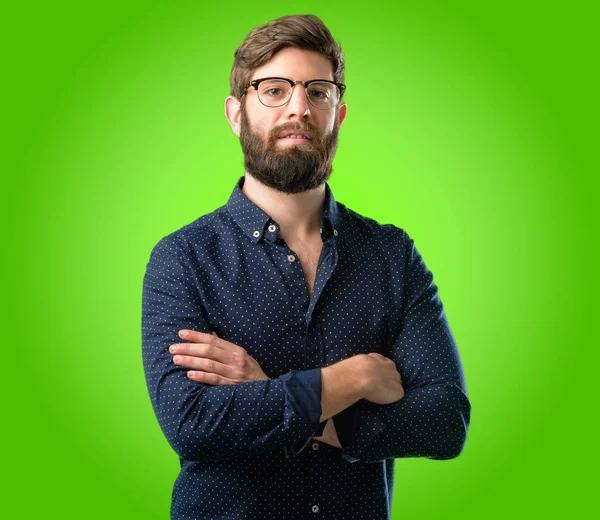 Young Hipster Man Big Beard Crossed Arms Confident Happy Big — Stock Photo, Image