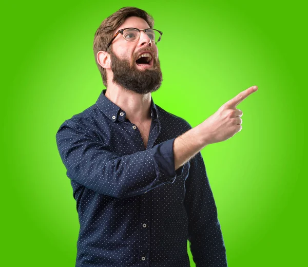 Young Hipster Man Big Beard Pointing Away Side Finger Green — Stock Photo, Image
