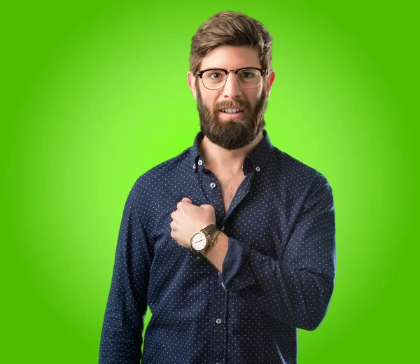 Young Hipster Man Big Beard Happy Surprised Cheering Expressing Wow — Stock Photo, Image