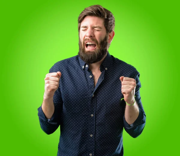 Joven Hombre Hipster Con Barba Grande Feliz Sorprendido Animando Expresando — Foto de Stock