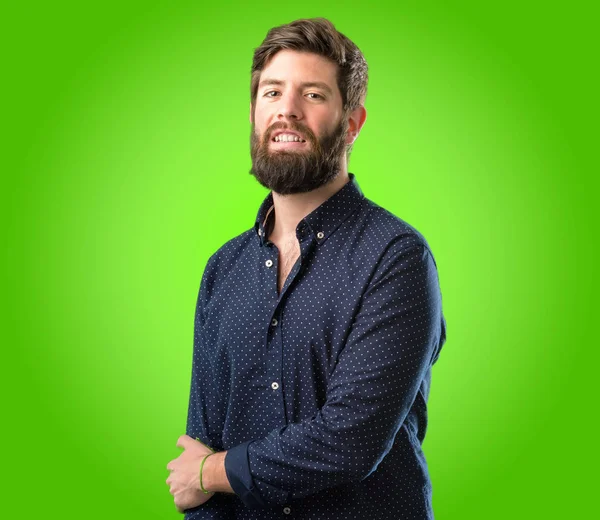 Young Hipster Man Big Beard Confident Happy Big Natural Smile — Stock Photo, Image