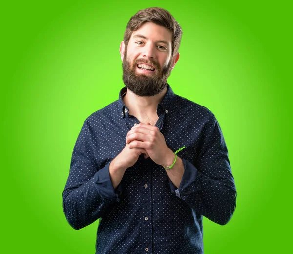 Joven Hombre Hipster Con Barba Grande Seguro Feliz Con Una — Foto de Stock