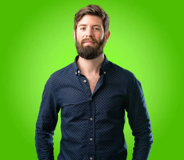 Young Hipster Man Big Beard Confident Happy Big Natural Smile — Stock Photo, Image