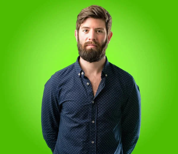 Junger Hipster Mann Mit Großem Bart Selbstbewusst Und Glücklich Mit — Stockfoto