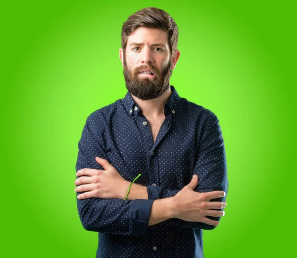 Young Hipster Man Big Beard Nervous Scared Biting Lips Looking — Stock Photo, Image