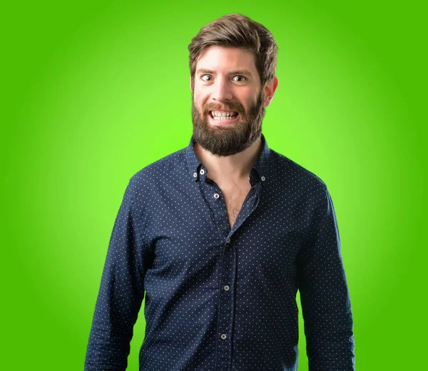 Junger Hipster Mann Mit Dickem Bart Selbstbewusst Und Glücklich Mit — Stockfoto