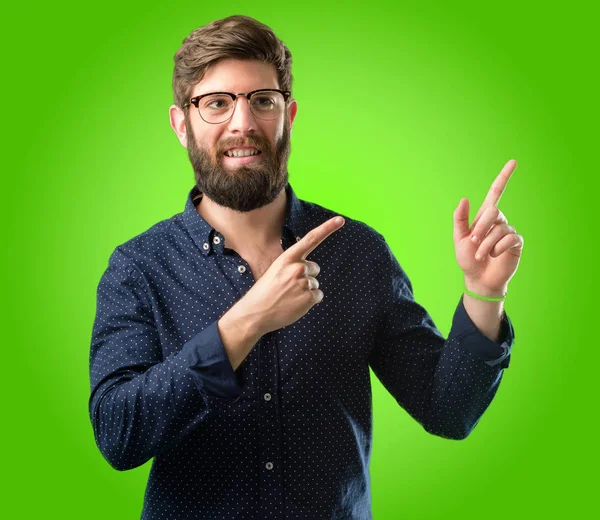 Young Hipster Man Big Beard Pointing Away Side His Finger — Stock Photo, Image