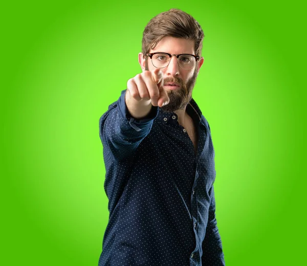 Young Hipster Man Big Beard Pointing Front Finger Green Background — Stock Photo, Image