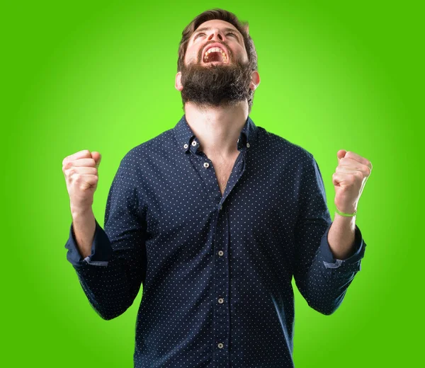 Homem Jovem Hipster Com Barba Grande Feliz Animado Expressando Gesto — Fotografia de Stock