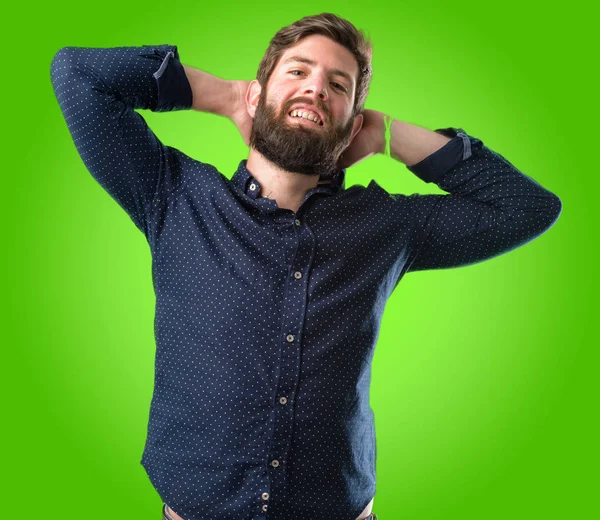 Homem Jovem Hipster Com Barba Grande Confiante Feliz Com Grande — Fotografia de Stock