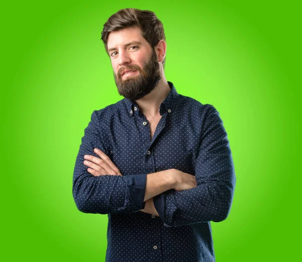 Young Hipster Man Big Beard Crossed Arms Confident Happy Big — Stock Photo, Image