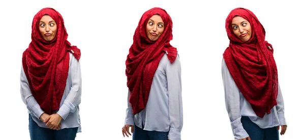 Arab Woman Wearing Hijab Making Funny Face Fooling Isolated White — Stock Photo, Image