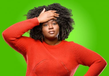 Beautiful african woman terrified and nervous expressing anxiety and panic gesture, overwhelmed clipart