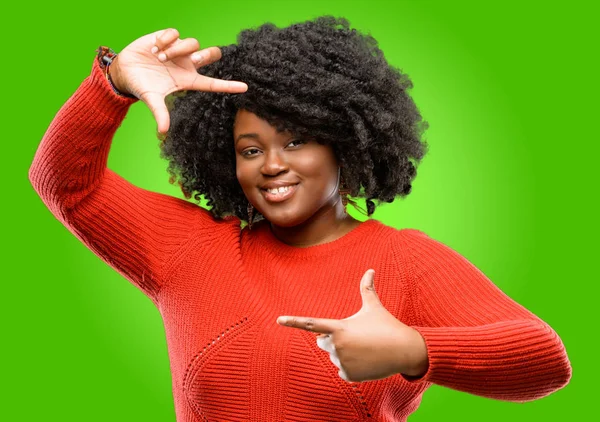 Beautiful African Woman Confident Happy Showing Hands Camera Composing Framing — Stock Photo, Image