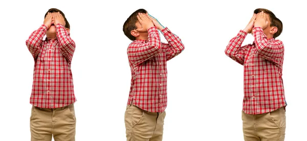 Handsome Toddler Child Green Eyes Stressful Keeping Hands Head Tired — Stock Photo, Image