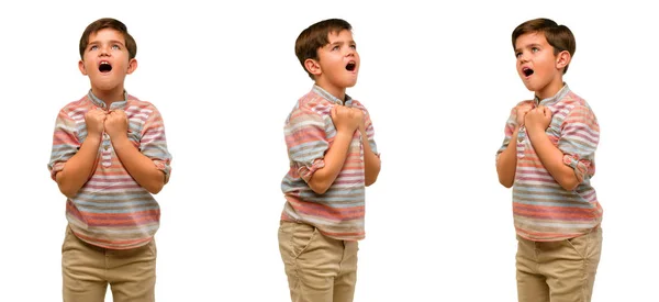 Handsome Toddler Child Green Eyes Happy Excited Celebrating Victory Expressing — Stock Photo, Image