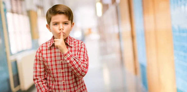 Handsome Toddler Child Green Eyes Index Finger Lips Ask Quiet — Stock Photo, Image