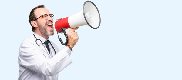 Doctor Senior Man Medical Professional Communicates Shouting Loud Holding Megaphone — Stock Photo, Image