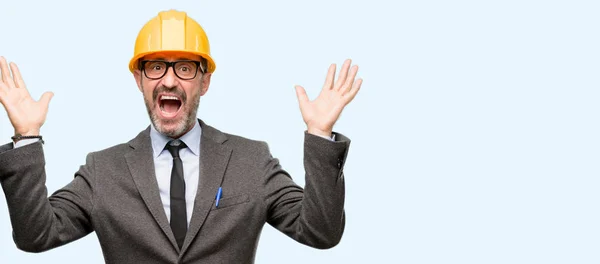 Senior Architect Engineer Happy Surprised Cheering Expressing Wow Gesture Isolated — Stock Photo, Image