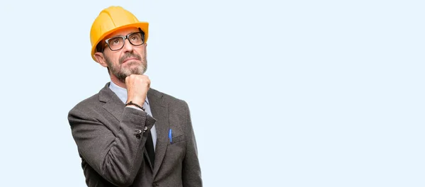 Senior Architect Engineer Thinking Looking Expressing Doubt Wonder Isolated Blue — Stock Photo, Image