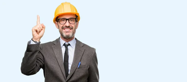 Senior Architect Engineer Happy Surprised Cheering Expressing Wow Gesture Pointing — Stock Photo, Image