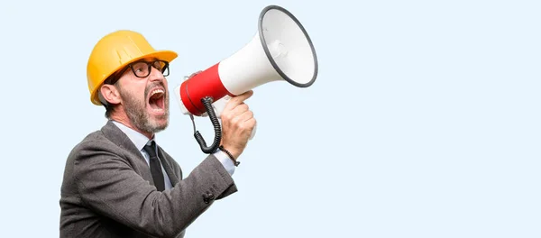 Senior Architect Engineer Communicates Shouting Loud Holding Megaphone Expressing Success — Stock Photo, Image