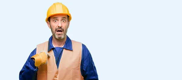 Senior Engineer Man Construction Worker Happy Surprised Cheering Expressing Wow — Stock Photo, Image