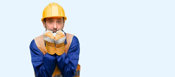 Senior Engineer Man Construction Worker Terrified Nervous Expressing Anxiety Panic — Stock Photo, Image