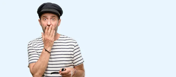 Sailor Captain Man Smoking Tobacco Pipe Covers Mouth Shock Looks — Stock Photo, Image