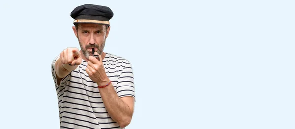 Sailor Captain Man Smoking Tobacco Pipe Pointing Front Finger Isolated — Stock Photo, Image