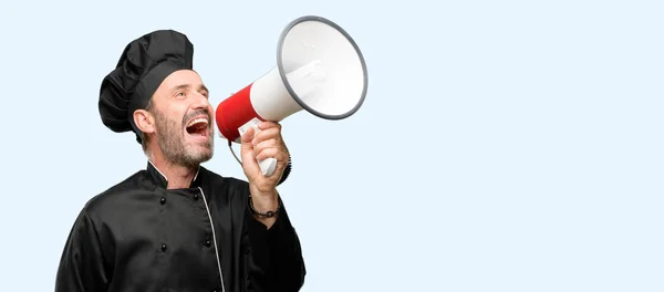 Senior Cook Man Wearing Chef Hat Communicates Shouting Loud Holding — Stock Photo, Image