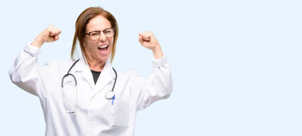 Doctor Woman Medical Professional Happy Excited Celebrating Victory Expressing Big — Stock Photo, Image