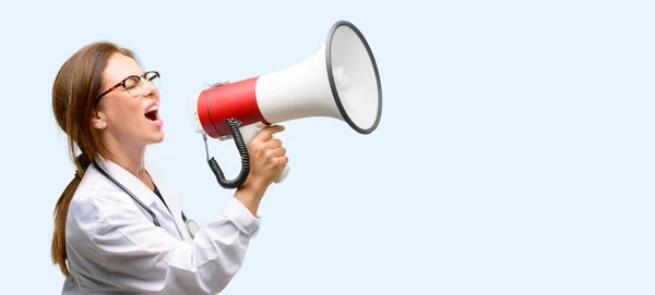 Doctor Woman Medical Professional Communicates Shouting Loud Holding Megaphone Expressing — Stock Photo, Image