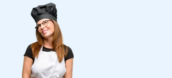 Middle Age Cook Woman Wearing Chef Apron Thinking Looking Expressing — Stock Photo, Image