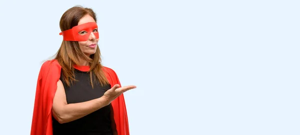 Middle Age Super Hero Woman Wearing Red Mask Cape Holding — Stock Photo, Image