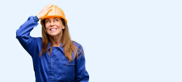 Engineer Construction Worker Woman Terrified Nervous Expressing Anxiety Panic Gesture — Stock Photo, Image