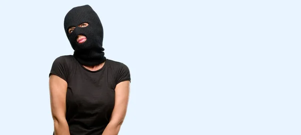 Burglar Terrorist Woman Wearing Balaclava Ski Mask Thinking Looking Expressing — Stock Photo, Image