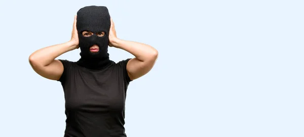 Burglar Terrorist Woman Wearing Balaclava Ski Mask Covering Ears Ignoring — Stock Photo, Image