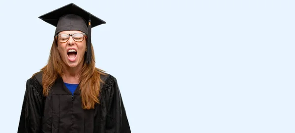 Senior Graduate Student Woman Stressful Terrified Panic Shouting Exasperated Frustrated — Stock Photo, Image